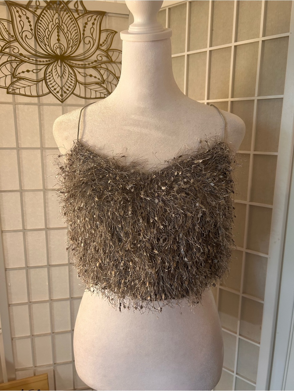 Hayden Los Angeles Gray Eyelash Metallic Fringe Cropped Cami Tank Top Large